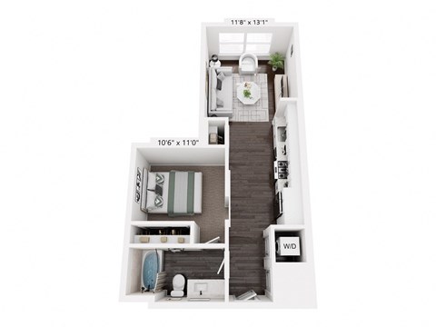 A floor plan of a small apartment with a kitchen, living room, and bathroom.